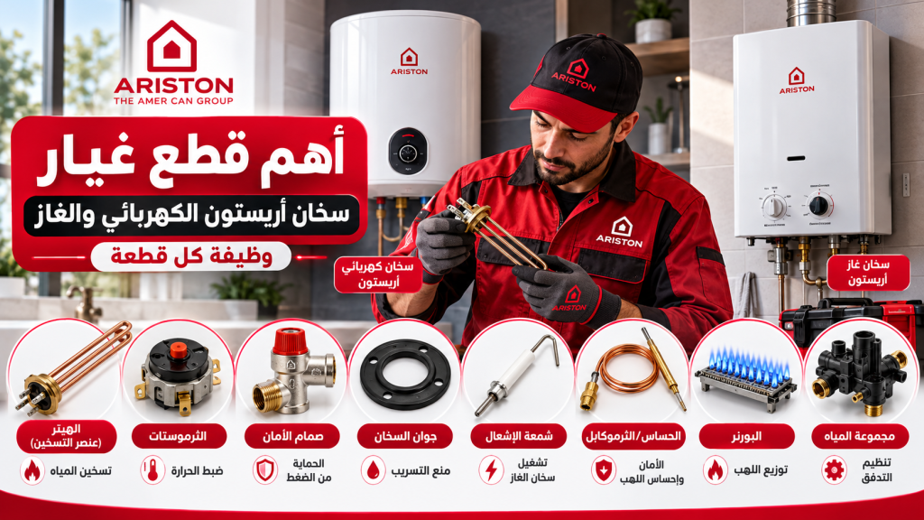 أهم قطع غيار سخان أريستون الكهربائي والغاز ووظيفة كل قطعة