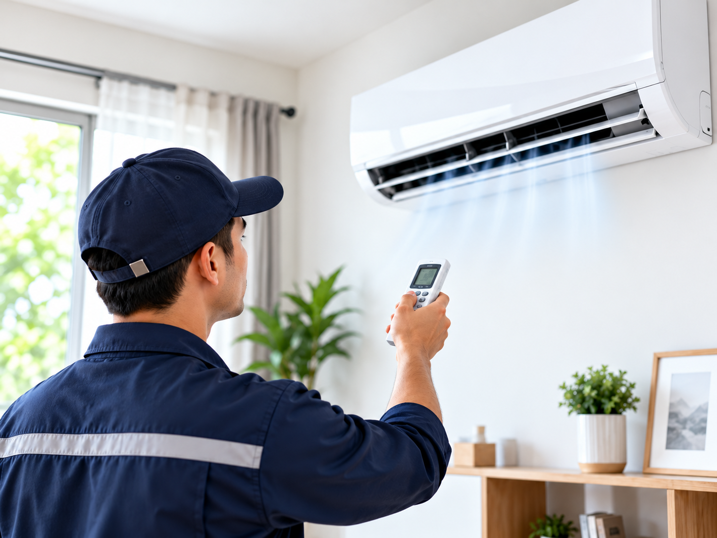 Technician inspecting an air conditioner for fault diagnosis