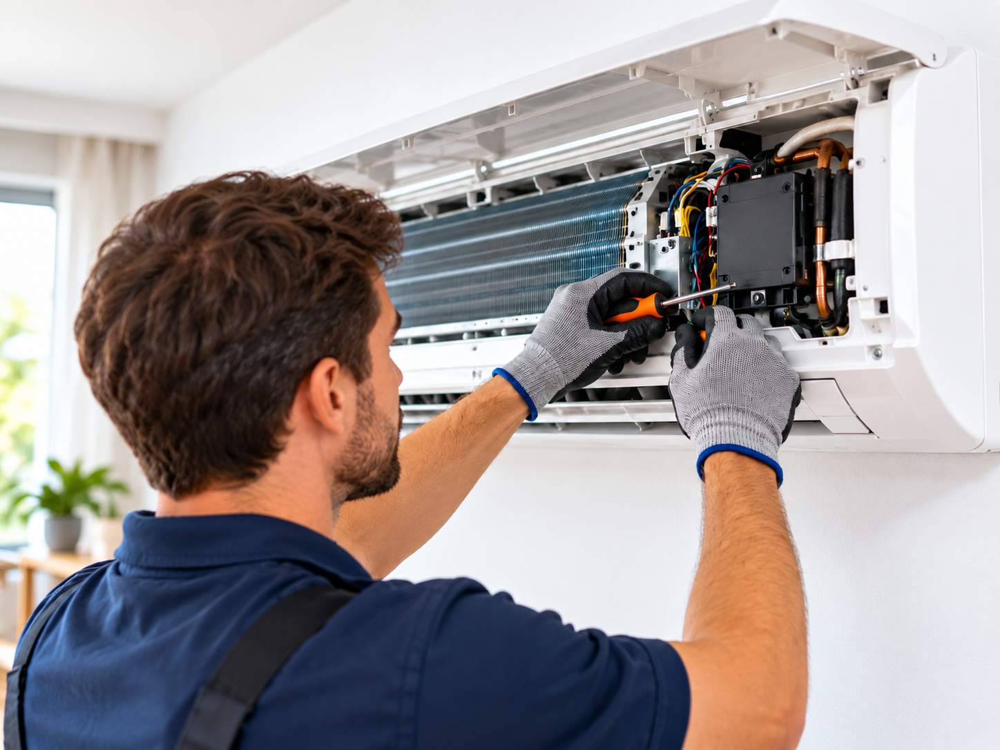 Technician performing split air conditioner maintenance