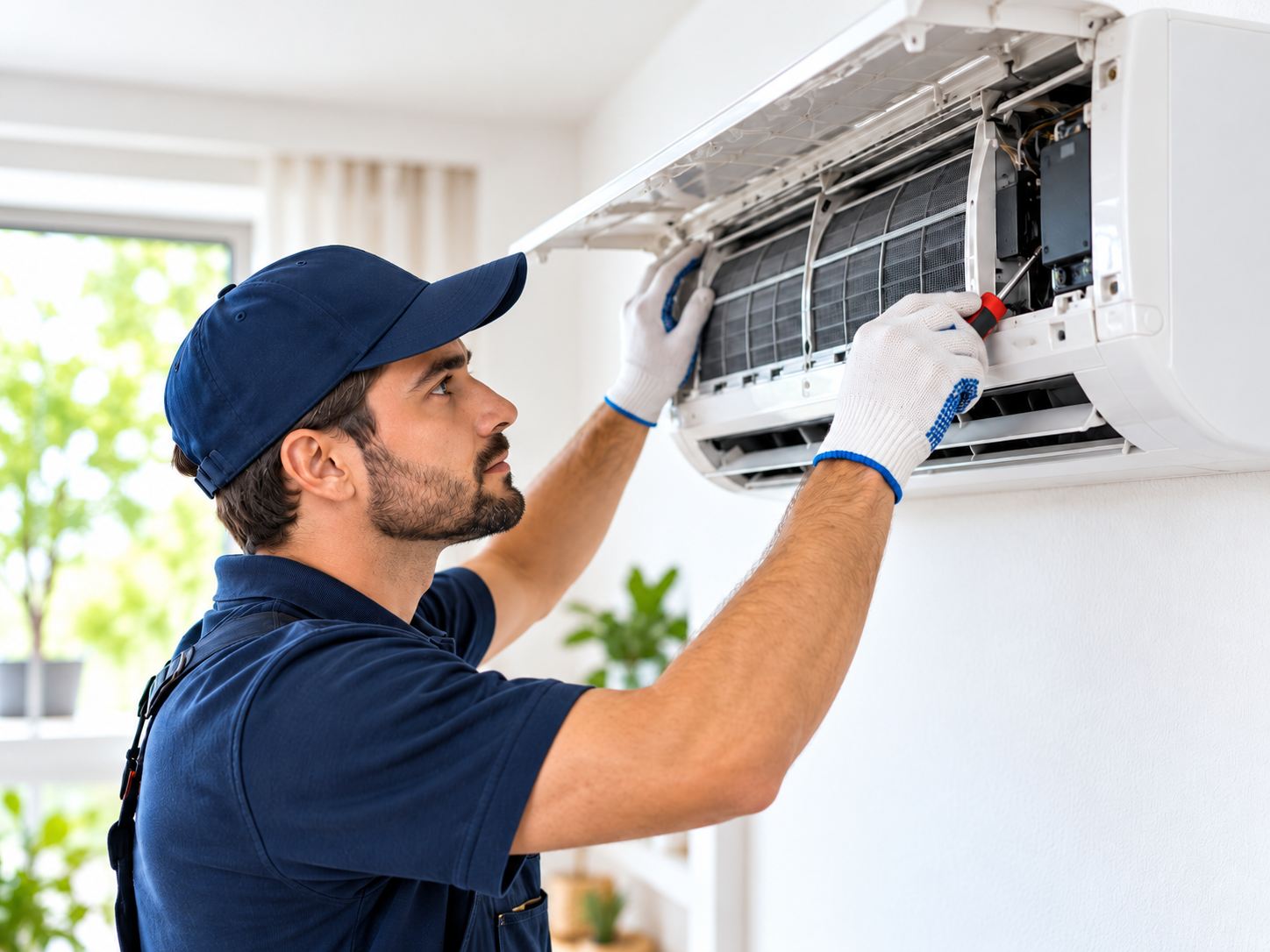 Technician examining air conditioner components during repair