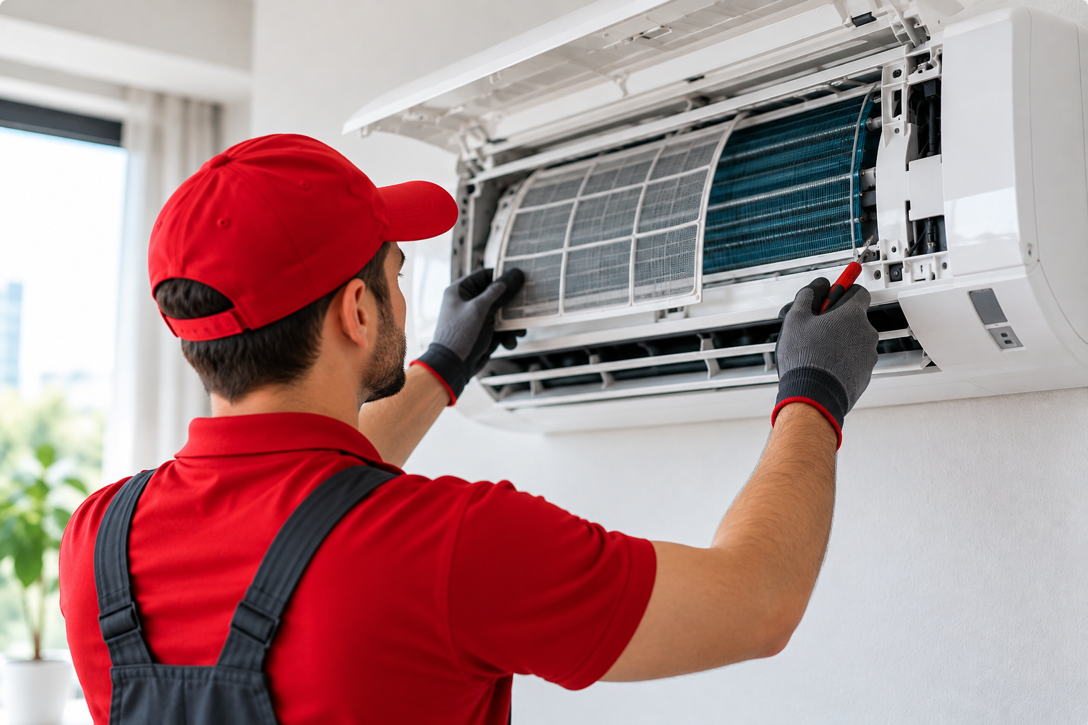 Technician inspecting a split air conditioner during an at-home AC repair visit